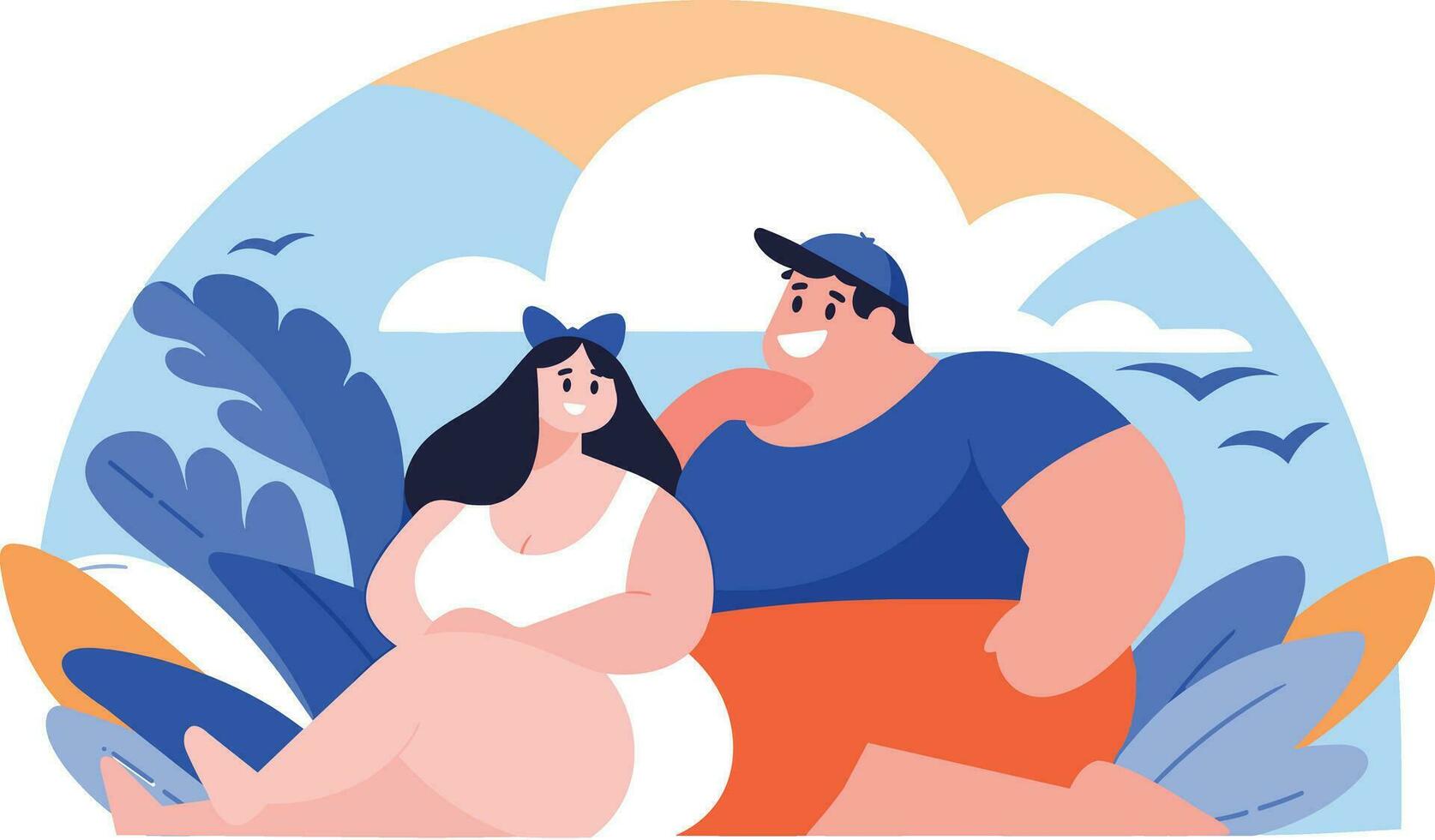 Hand Drawn overweight Tourists relaxing by the sea on vacation in flat style vector