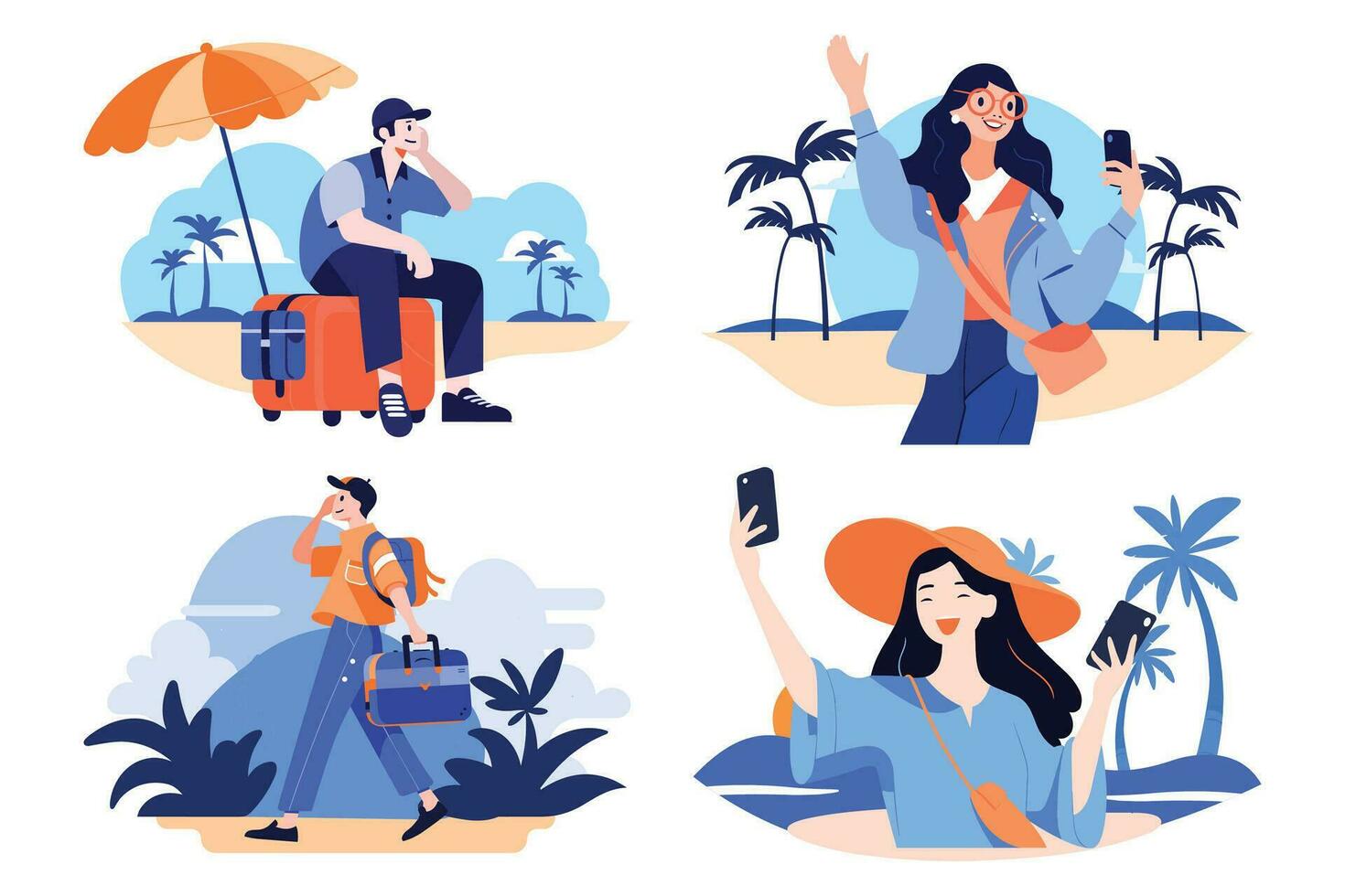 Hand Drawn Tourists relaxing by the sea on vacation in flat style vector