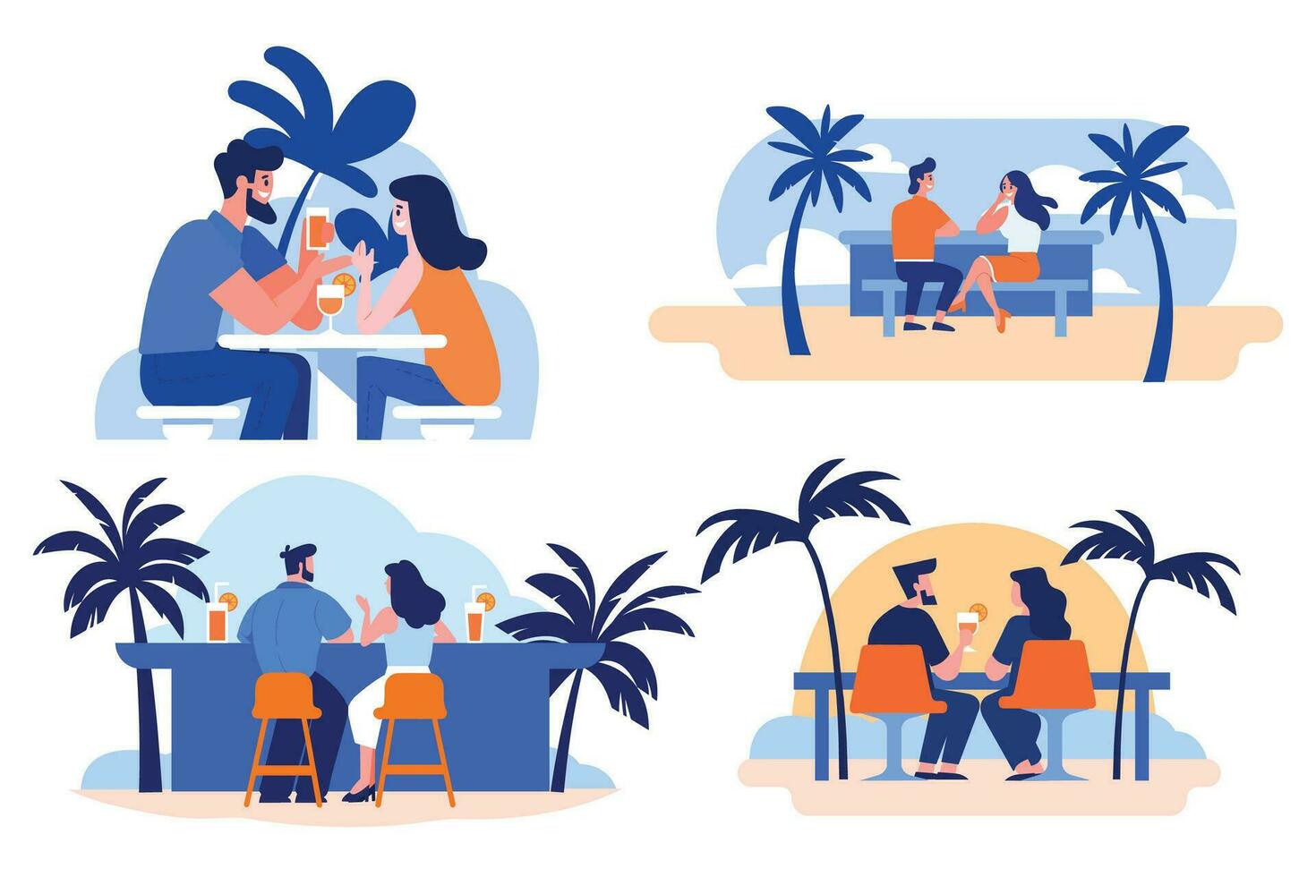 Hand Drawn couple having a drink at a bar by the sea in flat style vector