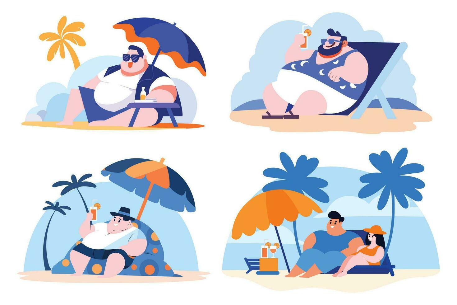 Hand Drawn overweight Tourists relaxing by the sea on vacation in flat style vector