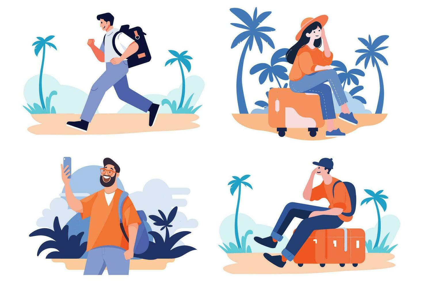 Hand Drawn Tourists relaxing by the sea on vacation in flat style vector