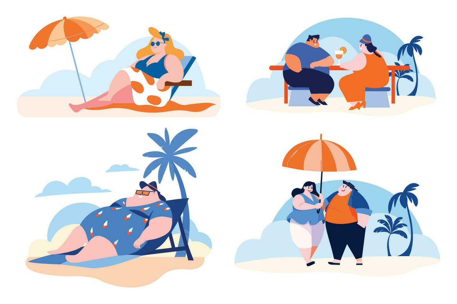 Hand Drawn overweight Tourists relaxing by the sea on vacation in flat style vector