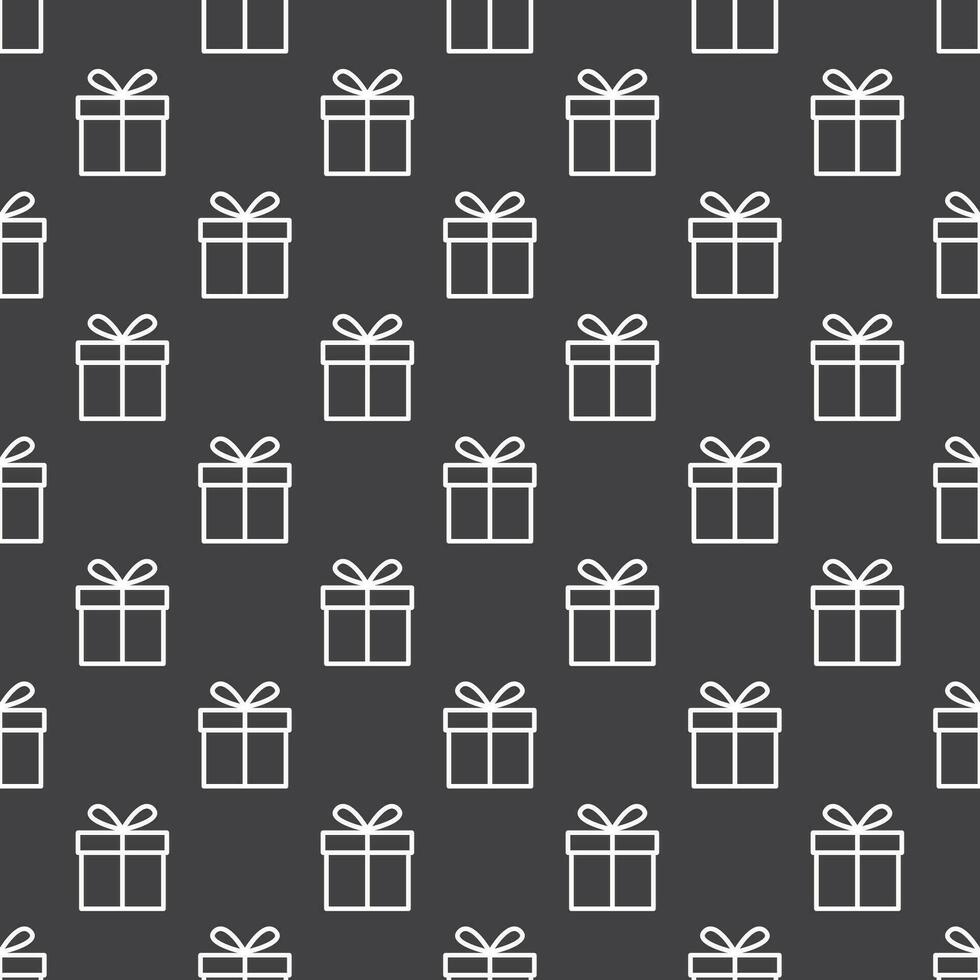 Simple repeating pattern of white outline gift icon on black background vector