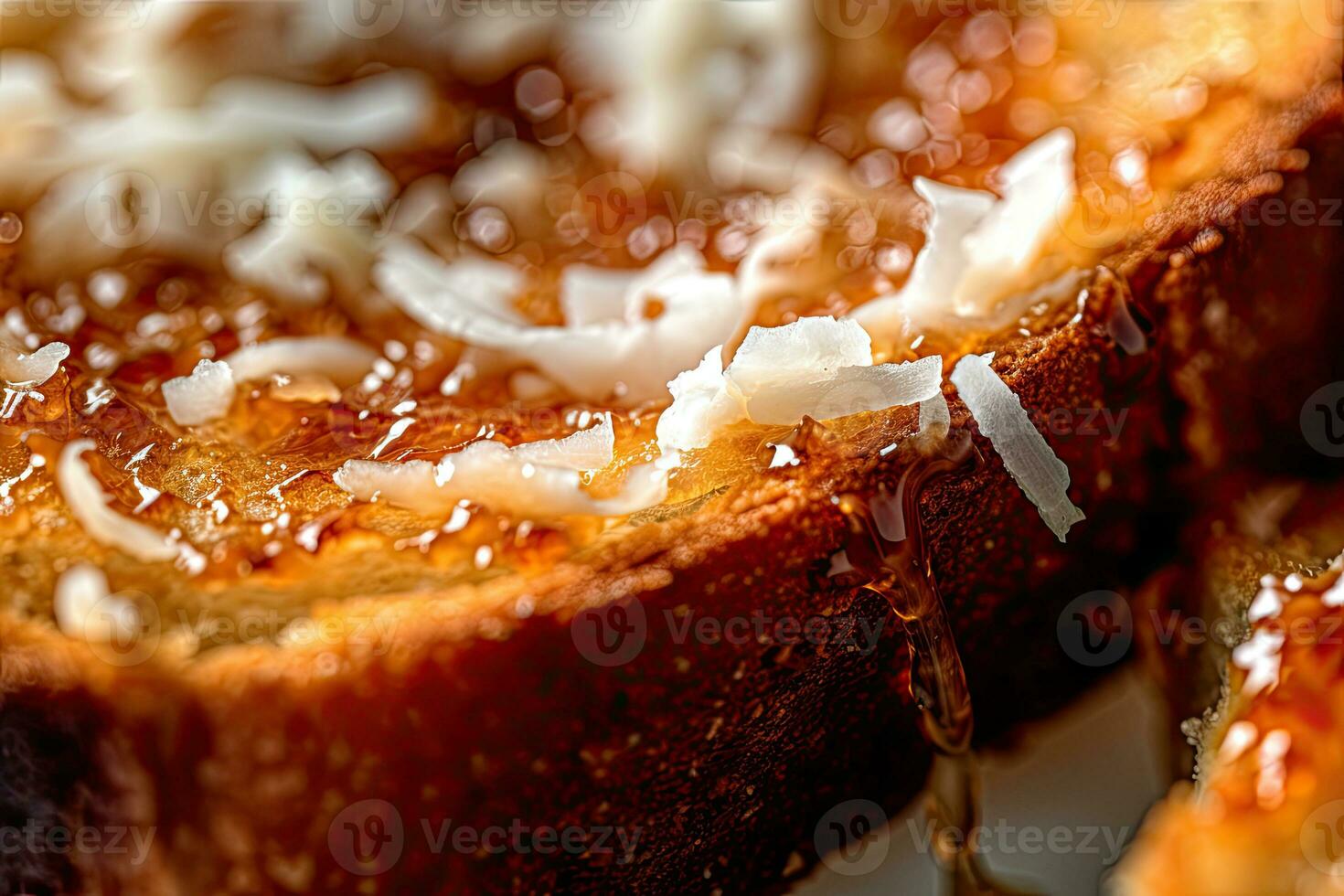 Coconut toast, macro shot of a fresh breakfast with Dripping Honey, AI