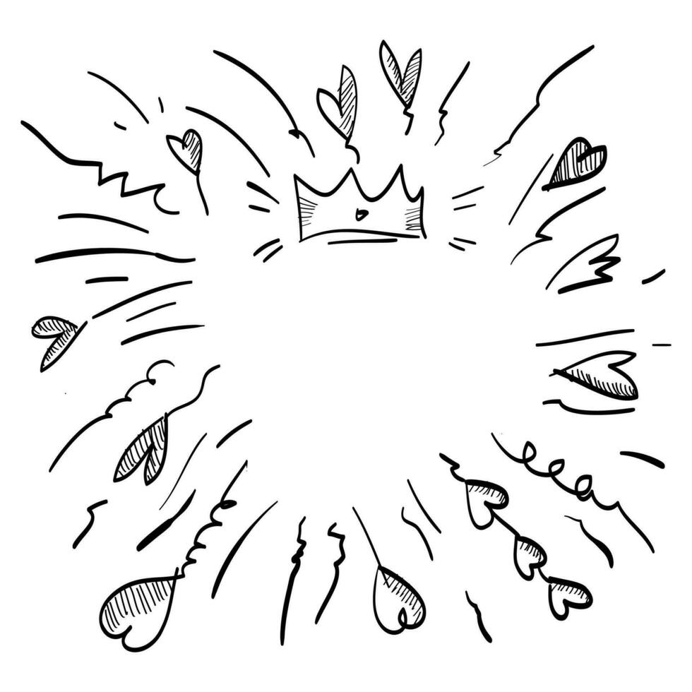 starburst, sunburst hand drawn. doodle design element with heart, love and crown. vector illustration