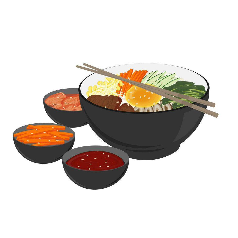 logo ilustración de bibimbap Listo a comer adicional gochujang y kimchi vector
