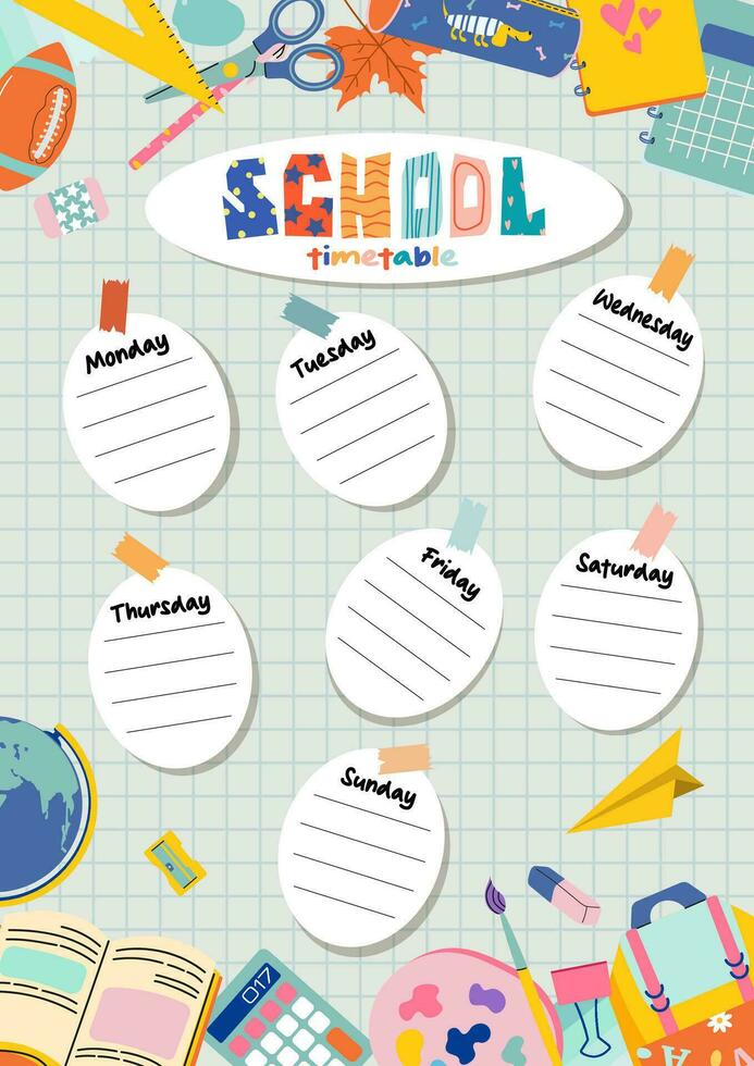 School timetable, weekly schedule vector template with cute stationery. Schedule for the student in the form of board training and stickers with space for notes.