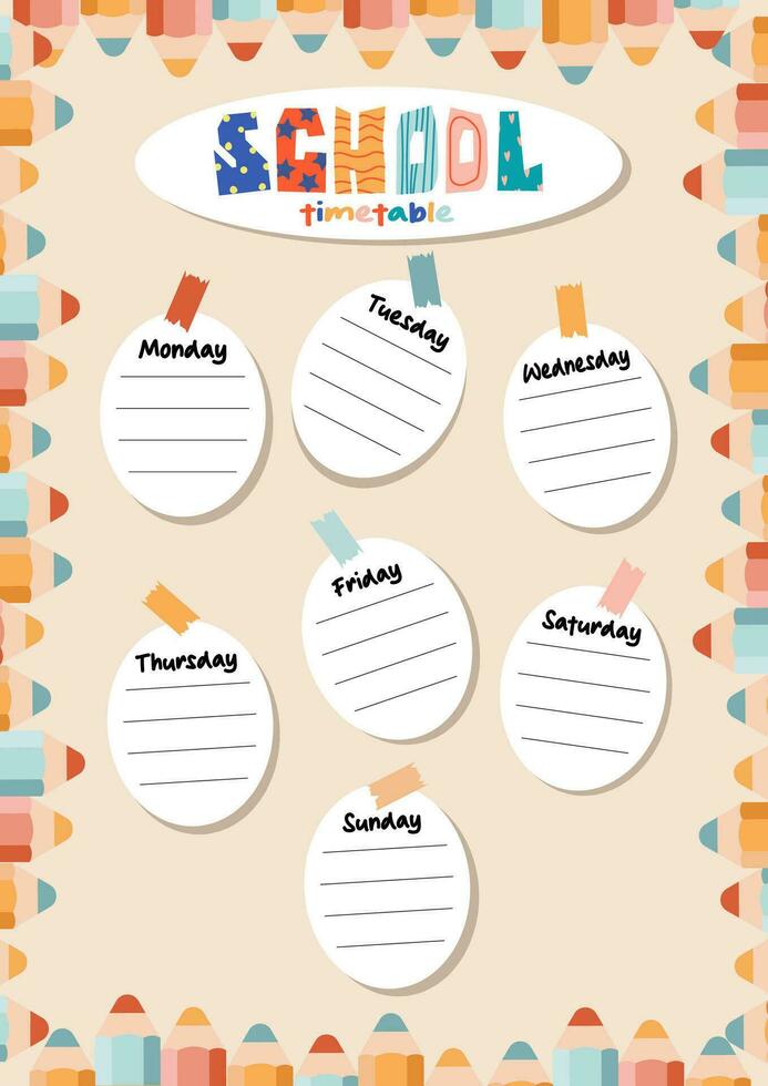 School timetable, weekly schedule vector template with cute colored pencils.Schedule for the student in the form of board training and stickers with space for notes.