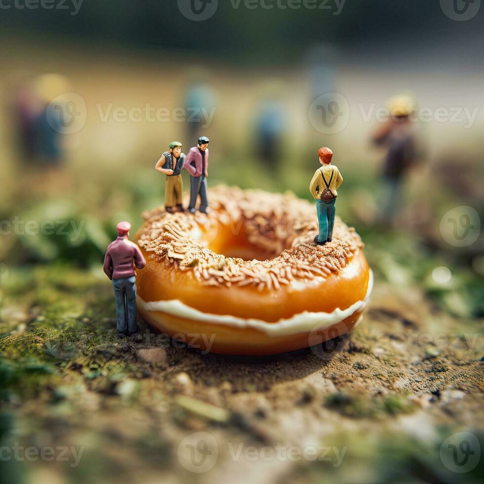 social structures donut with marshmallows and tiny people, AI Generated photo