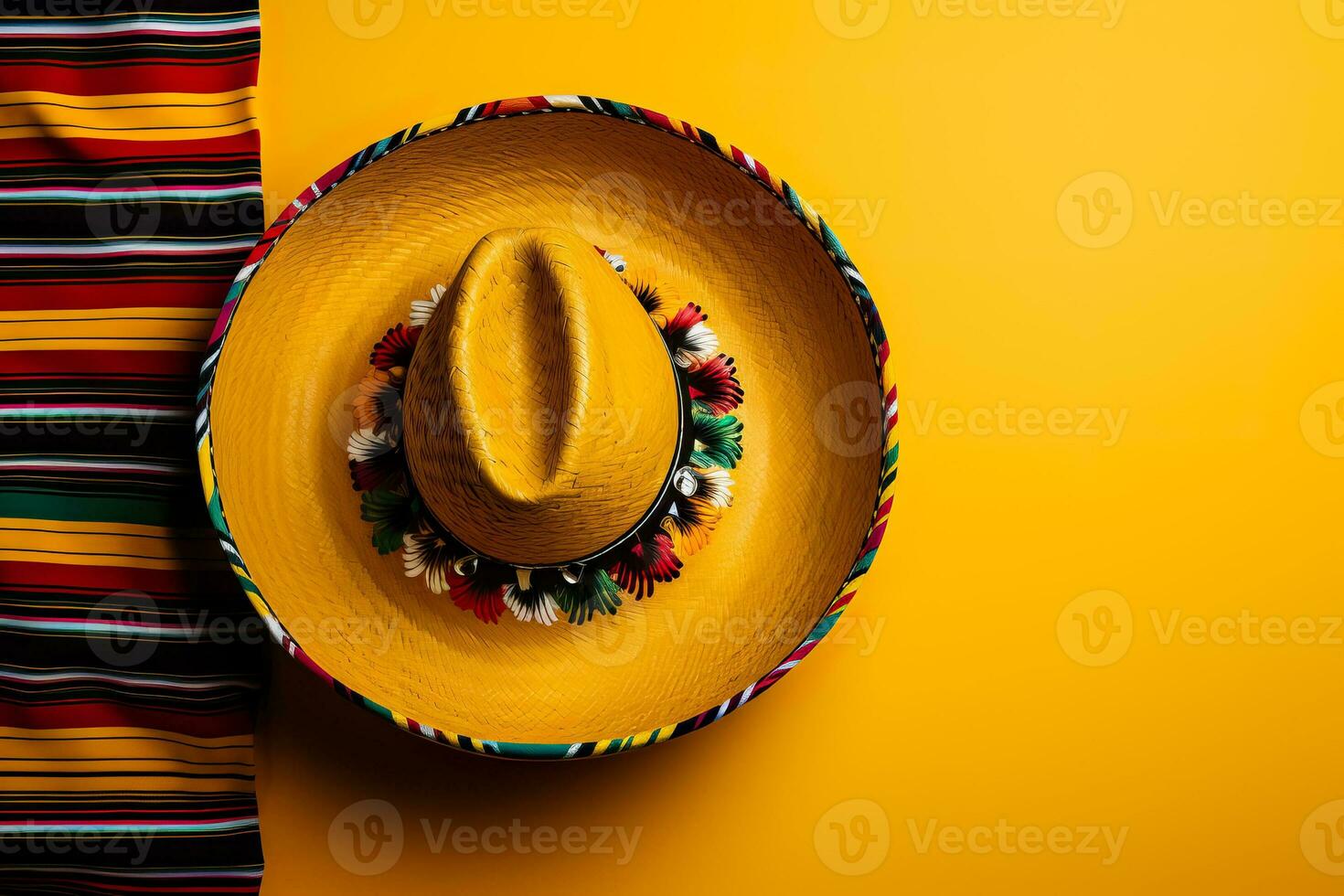 Cinco de Mayo themed featuring a Mexican sombrero on a colorful serape blanket against a yellow background photo