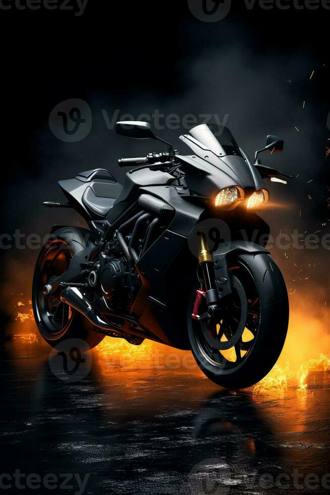 Side view 3D illustration of black motorcycle on dark background emitting smoke photo