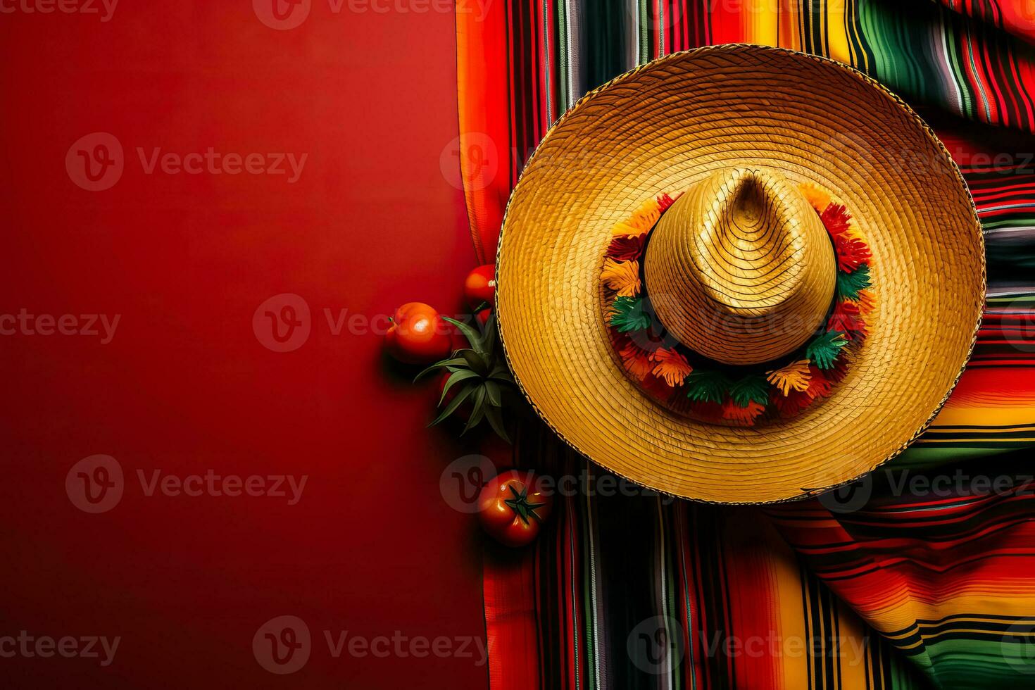 Cinco de Mayo themed featuring a Mexican sombrero on a colorful serape blanket against a yellow background photo