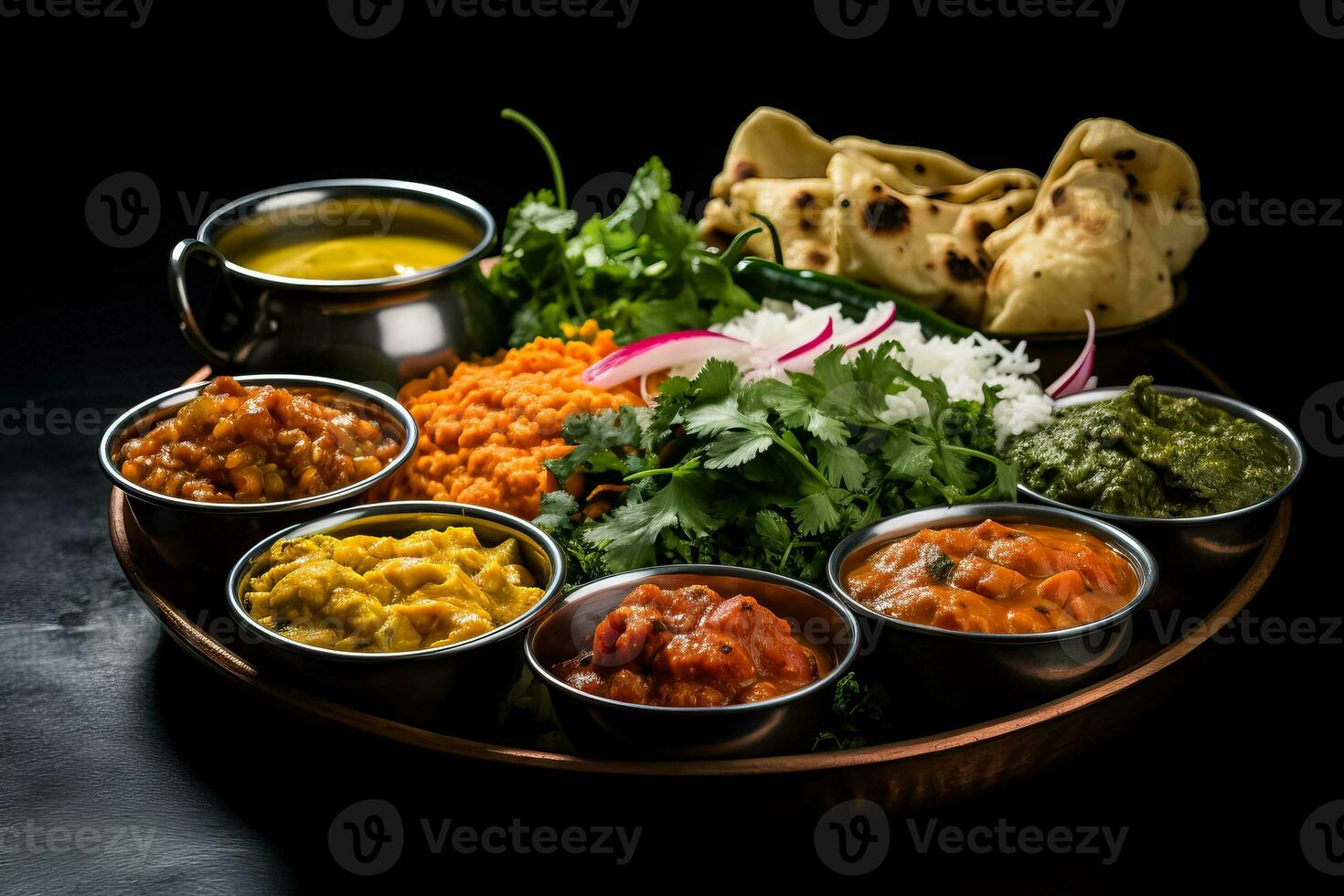 Various Indian dishes displayed on a black background showcasing the vibrant flavors of India photo