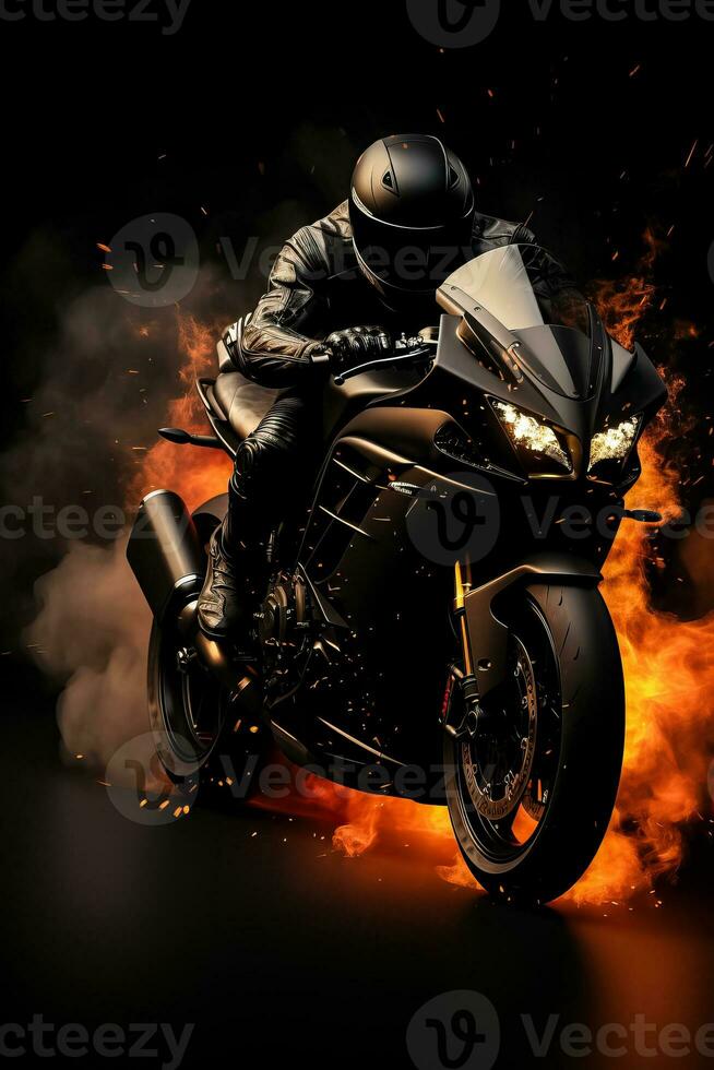 Side view 3D illustration of black motorcycle on dark background emitting smoke photo