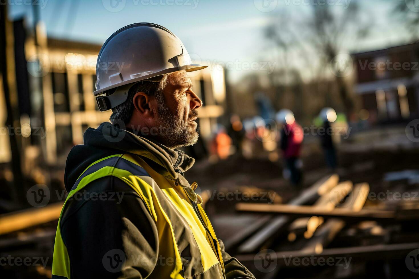 Construction worker or foreman overseeing activities at a construction site photo