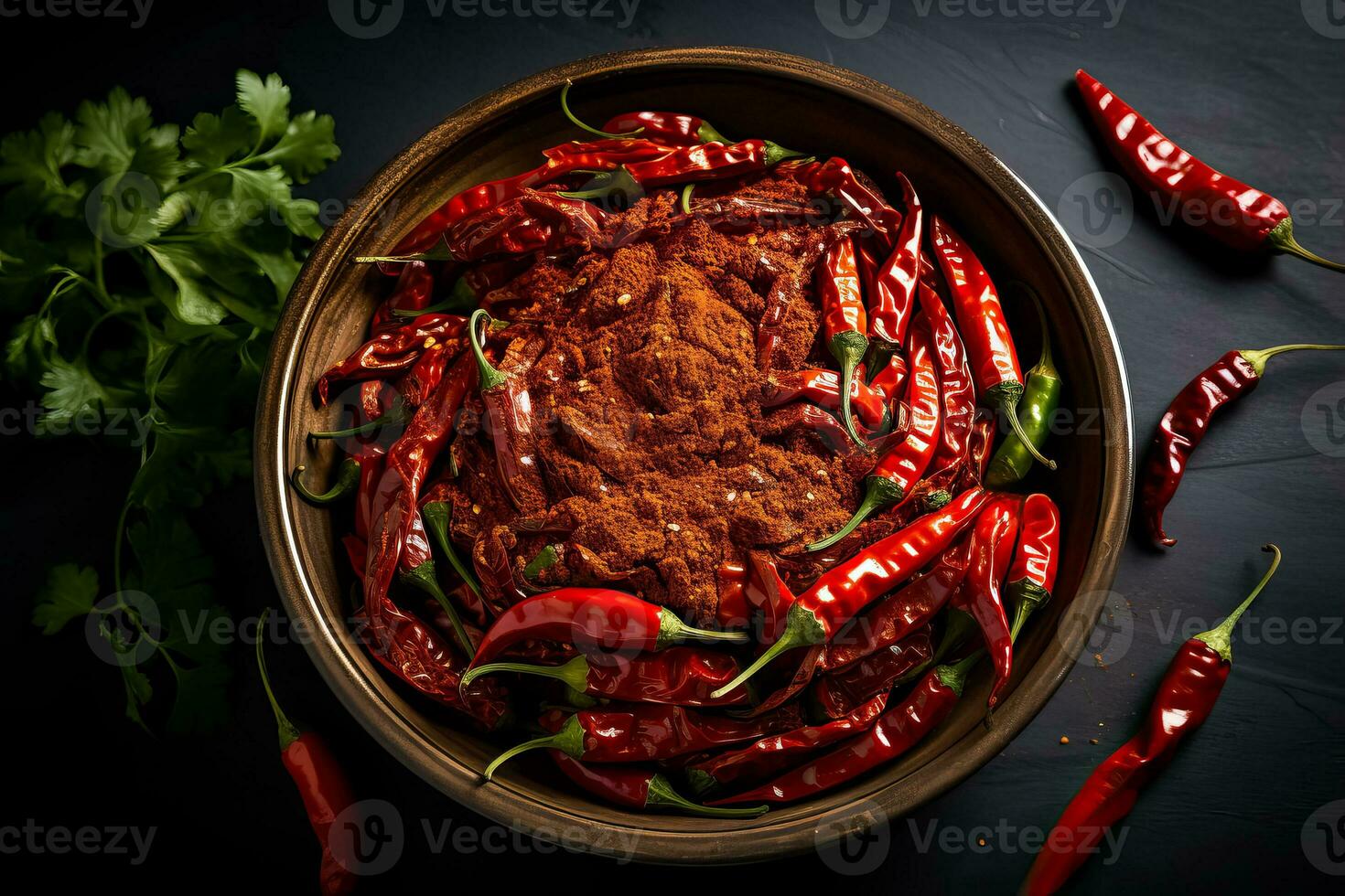 Top view of a bowl filled with crushed and whole chili peppers photo