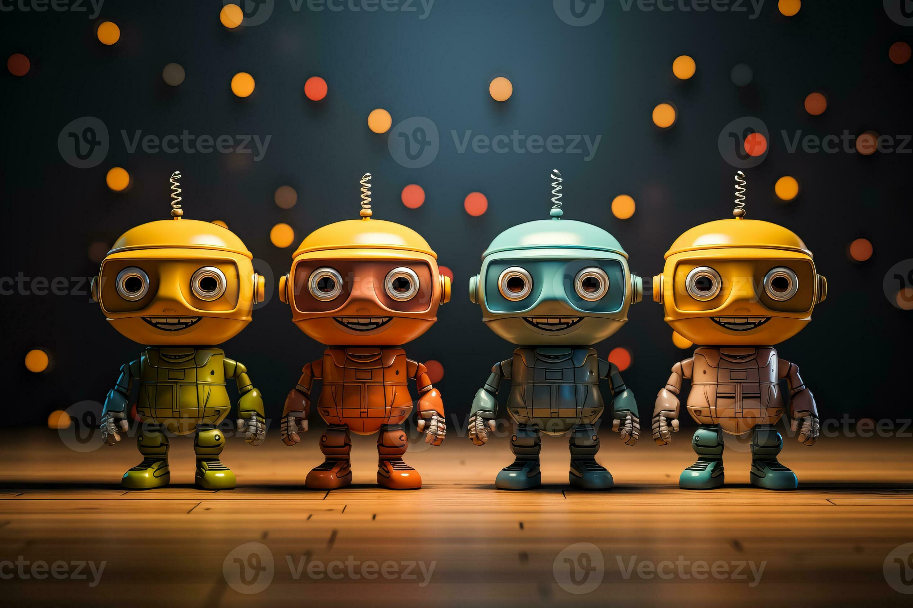 Four toy robots showcase a variety of light bulb shapes and sizes