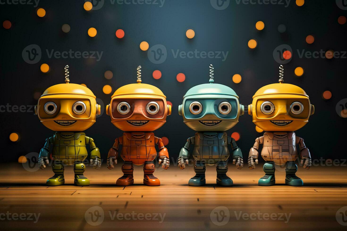 Four toy robots showcase a variety of light bulb shapes and sizes embracing the concept of machine cyber technology photo