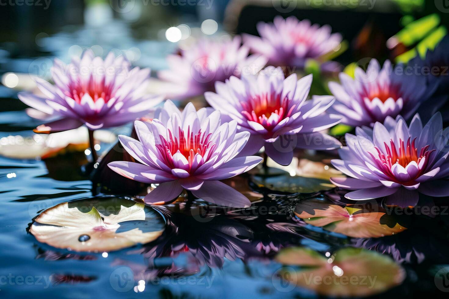 Water lilies used in natural pool for chemical-free water filtration and purification photo