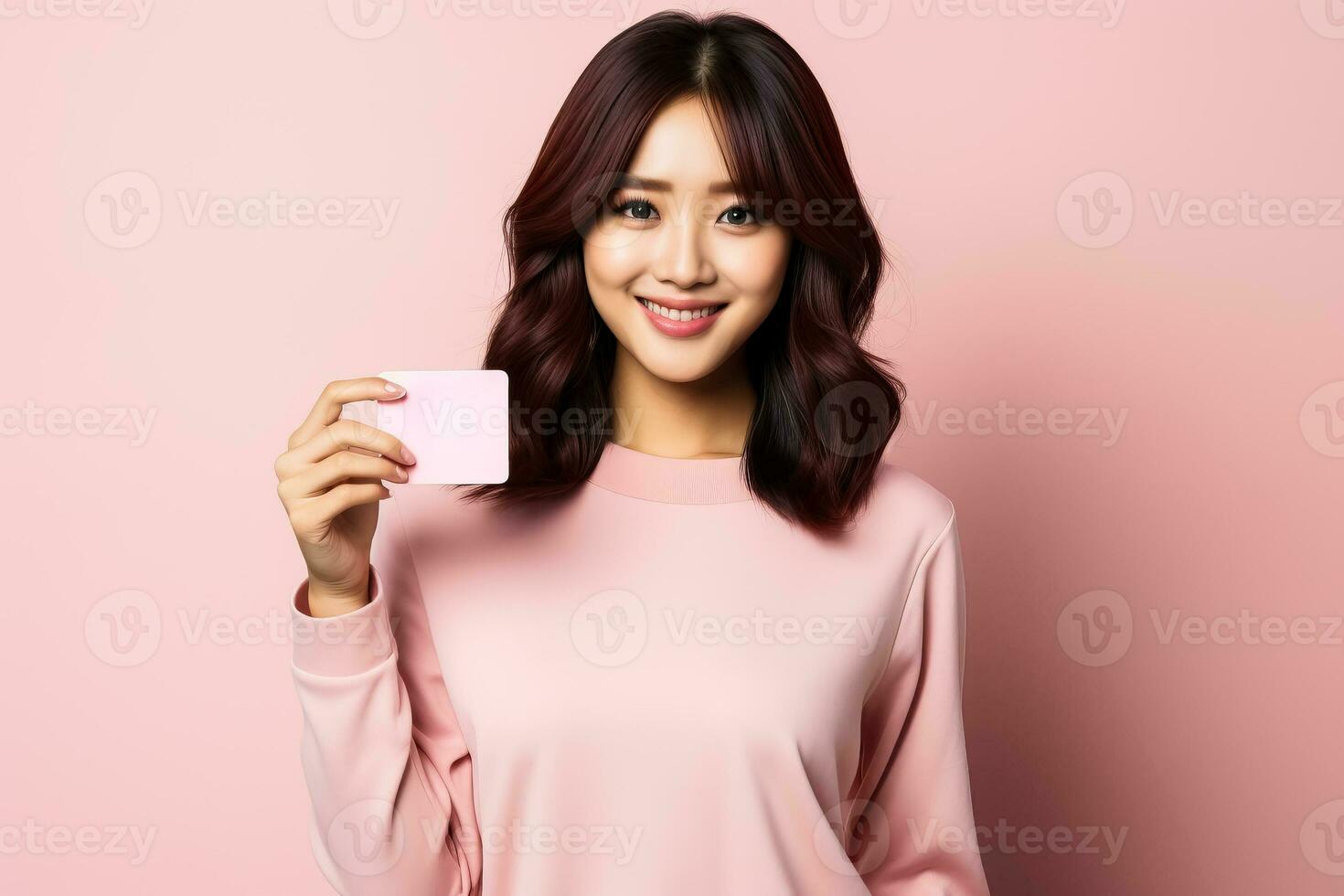 Happy young Asian woman smiling showing credit card satisfied with service on pink studio background photo