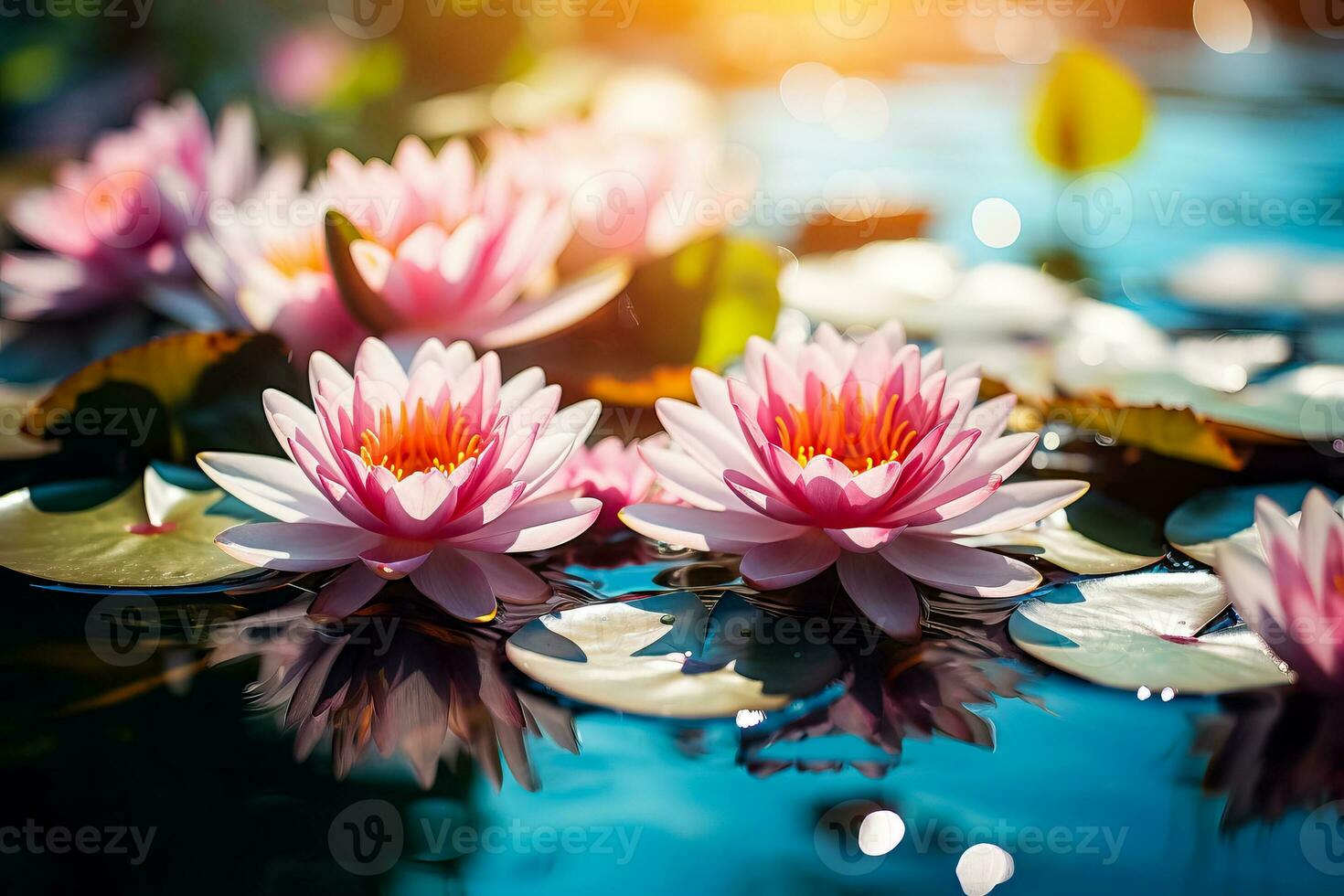 Water lilies used in natural pool for chemical-free water filtration and purification photo