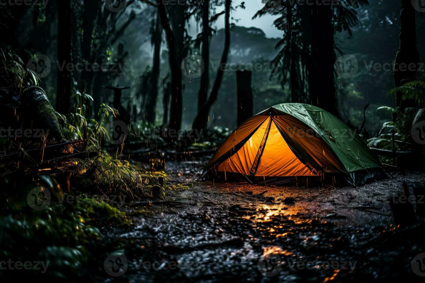 Rain on tent in forest tranquil night for peaceful camping and relaxing meditation in tropics photo