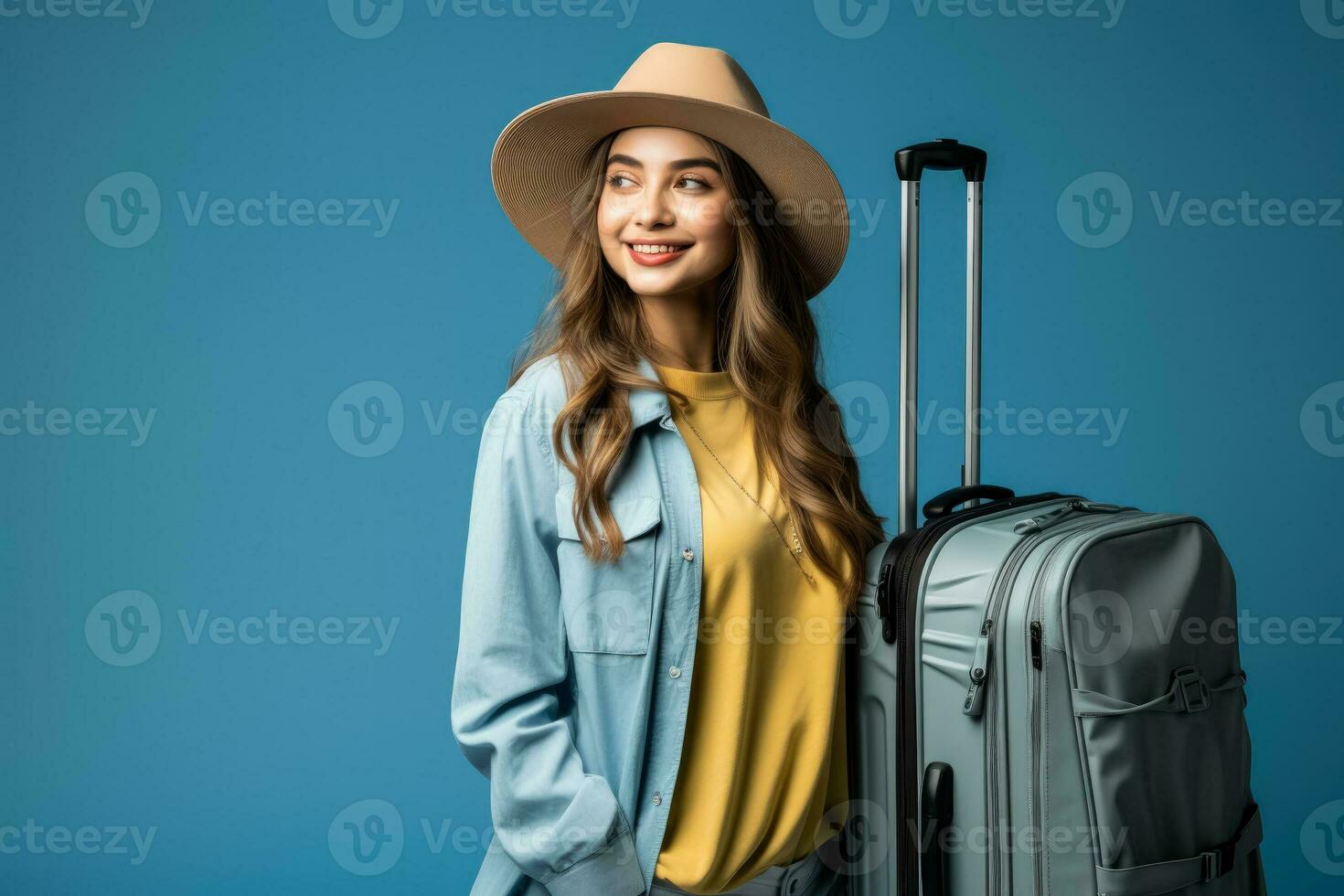 Happy young Asian tourist woman with baggage ready to travel on holidays isolated on blue background photo