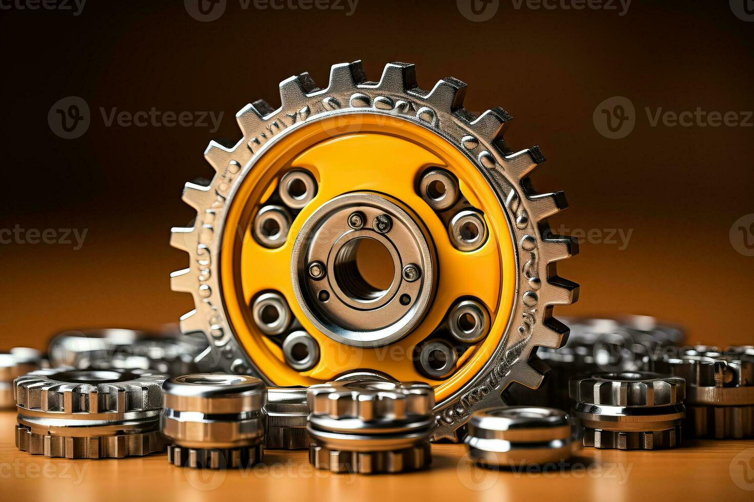 Friendly robot serviceman fixing maintenance concept with pliers wrench creative design toy cogs wheels gears silver metallic body yellow background Copy space photo