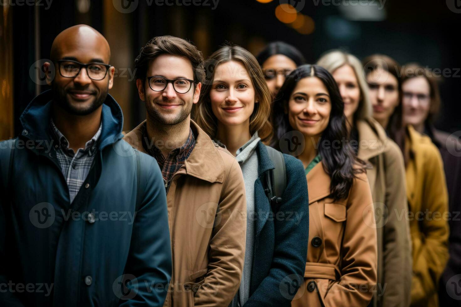 Diverse individuals calmly queueing patiently waiting their turn in line photo