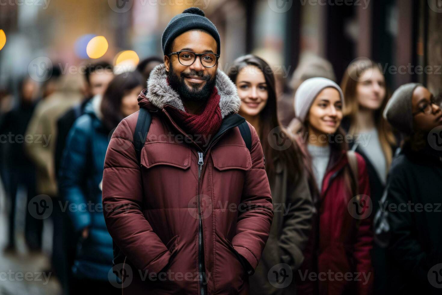 Diverse individuals calmly queueing patiently waiting their turn in line photo
