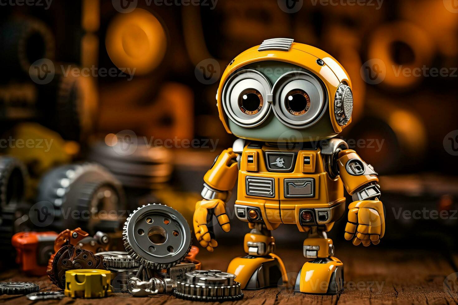 Friendly robot serviceman fixing maintenance concept with pliers wrench creative design toy cogs wheels gears silver metallic body yellow background Copy space photo