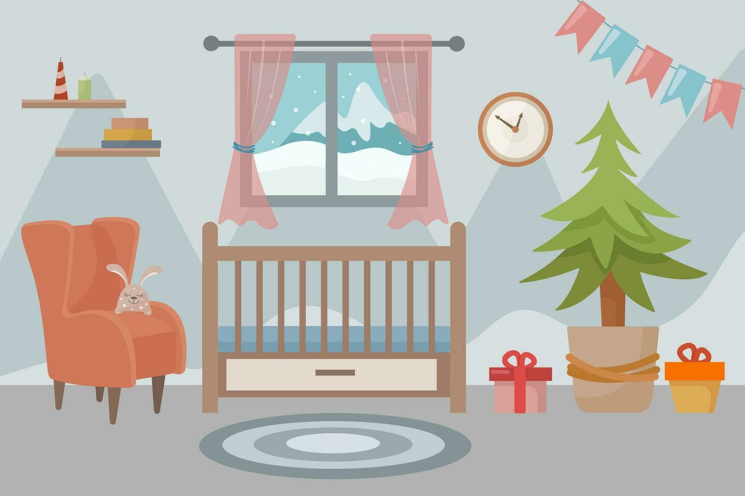 Children's room decorated for Christmas and New Year. Children's bedroom with a crib, Christmas tree, books, armchair, gifts. Window with a beautiful winter view. Interior concept. Vector illustration