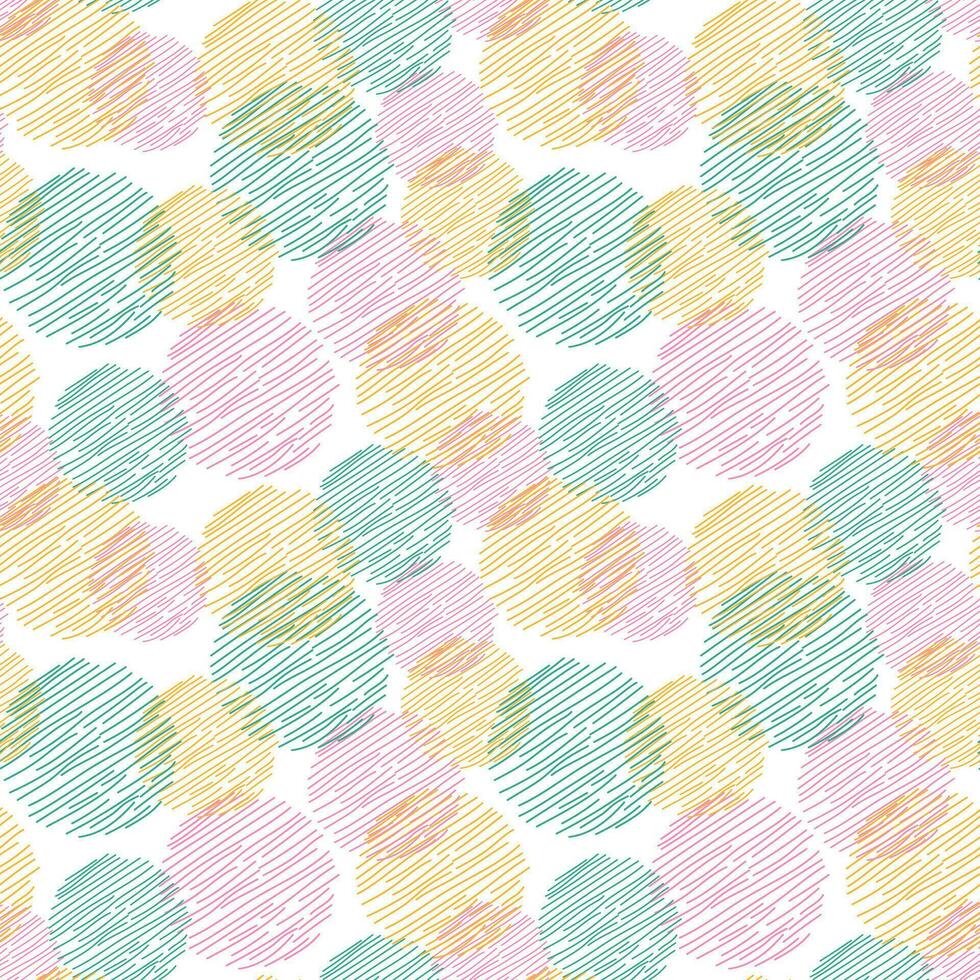 Seamless pattern, geometric abstraction. Vector. Circles of stripes and dotted lines in green, pink, yellow. Round geometric simple texture. Textile design, cards, packaging, surface design vector