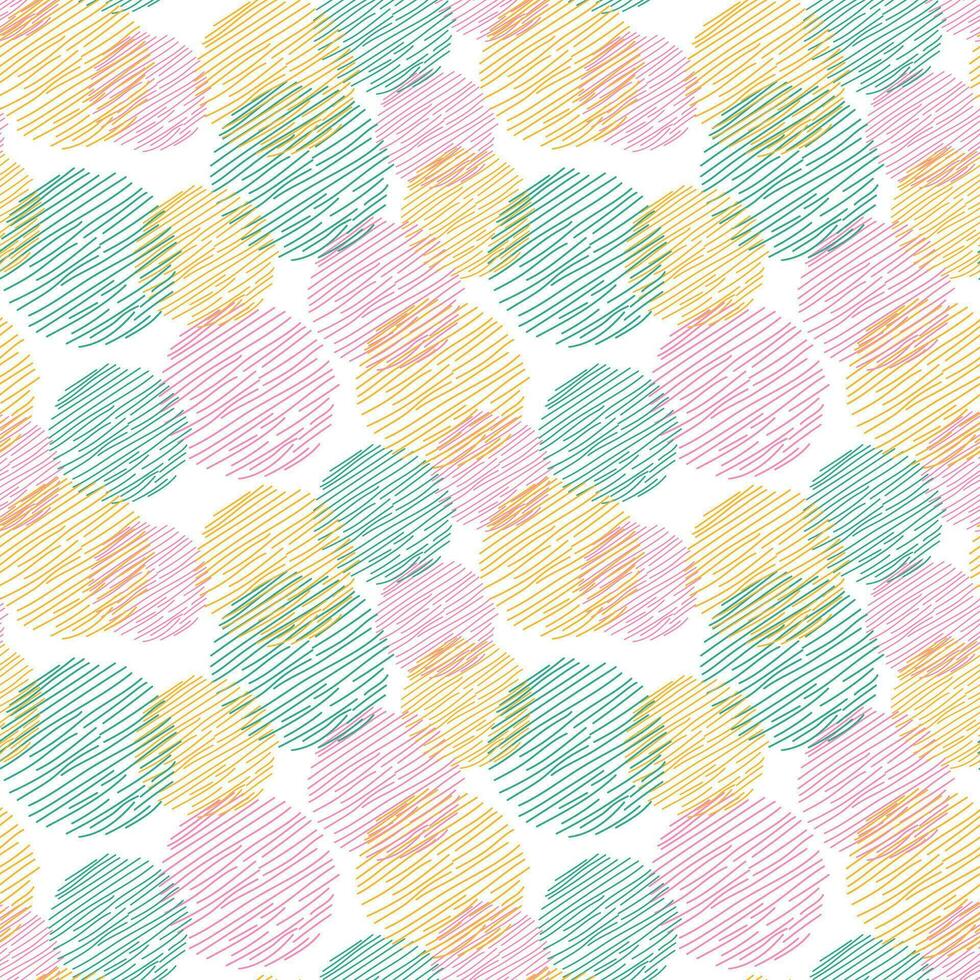 Seamless pattern, geometric abstraction. Vector. Circles of stripes and dotted lines in green, pink, yellow. Round geometric simple texture. Textile design, cards, packaging, surface design vector