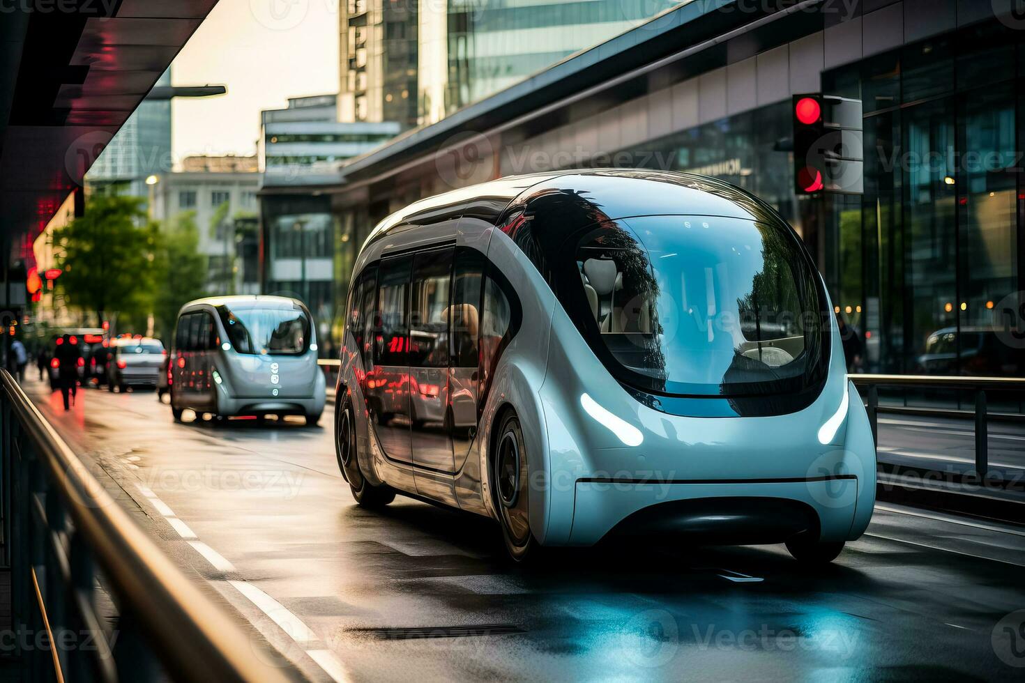 An autonomous electric car changes lanes and overtakes a vehicle in the city photo