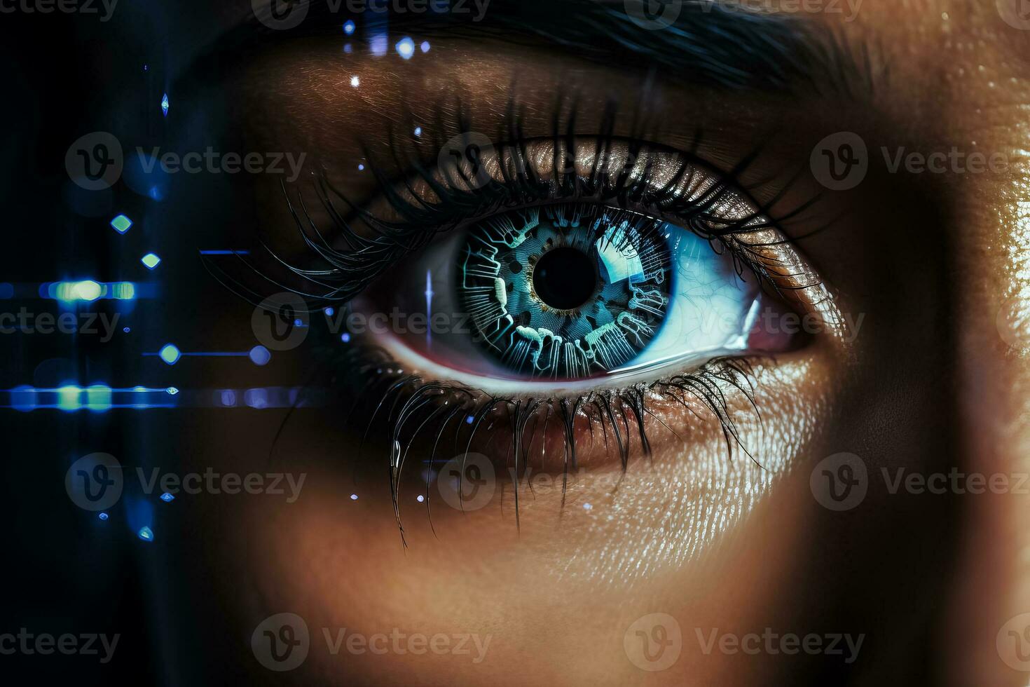 cerca arriba de hembra ojos con fotorrealista biometría ojo exploración futurista digital ciber tecnología y vistoso facial reconocimiento en oscuro antecedentes foto