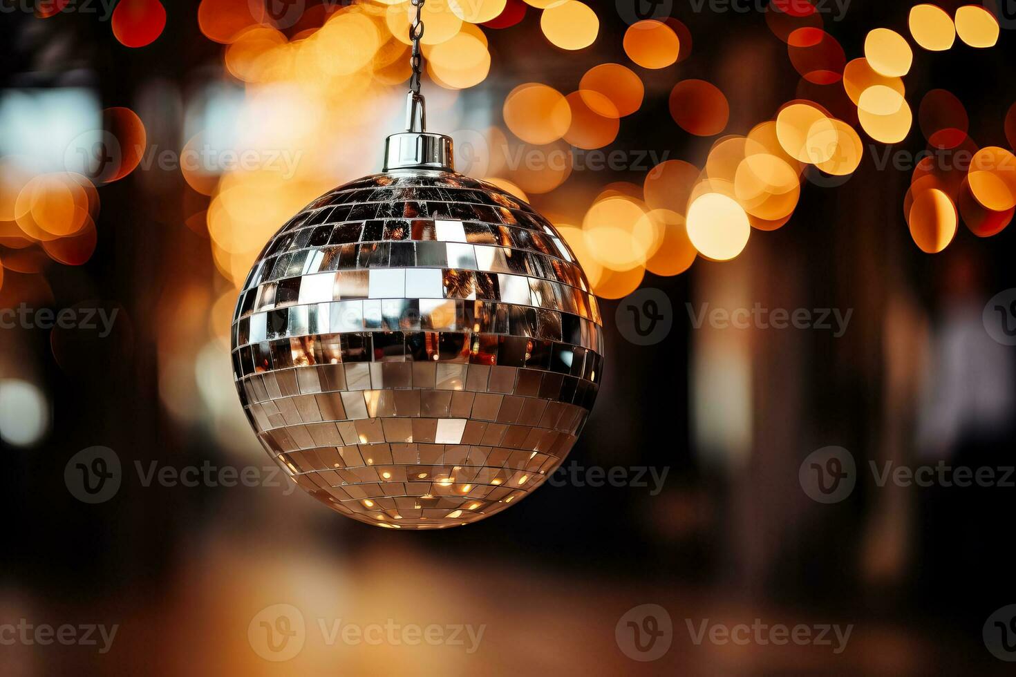 A large silver ball for disco parties that reflects light and creates a festive atmosphere photo