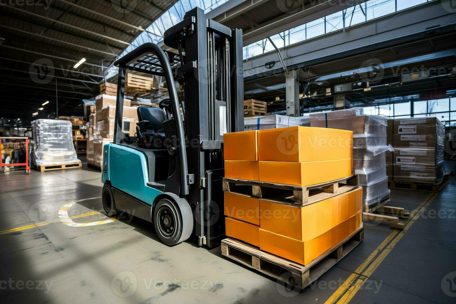 A forklift lifts product pallets in a large warehouse photo