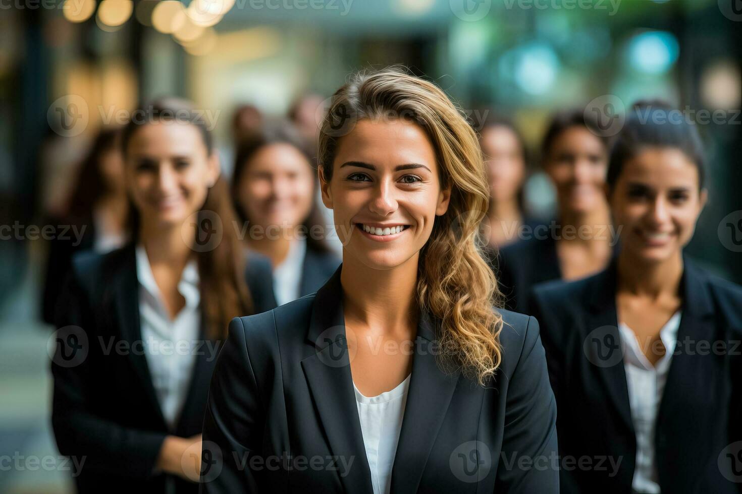 Business professionals standing and waiting in a composed manner for their respective appointments photo