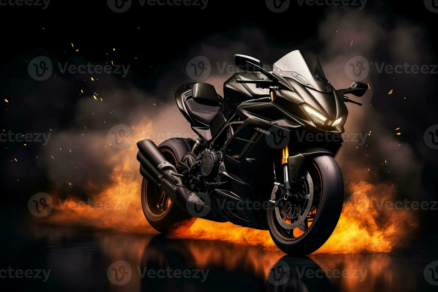 Side view 3D illustration of black motorcycle on dark background emitting smoke photo