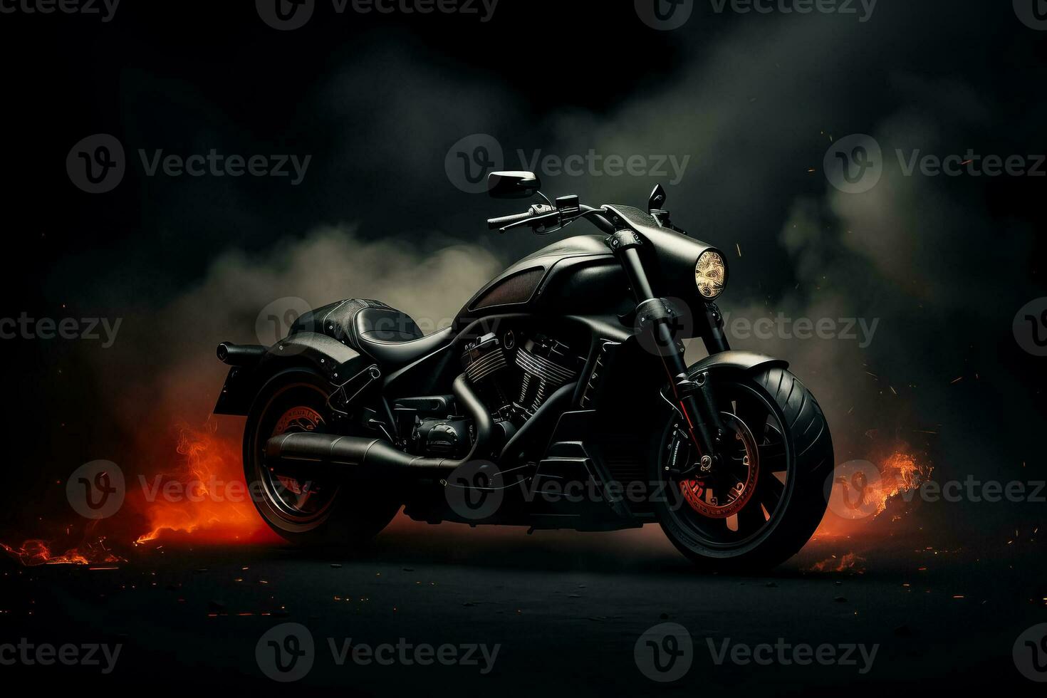 Side view 3D illustration of black motorcycle on dark background emitting smoke photo
