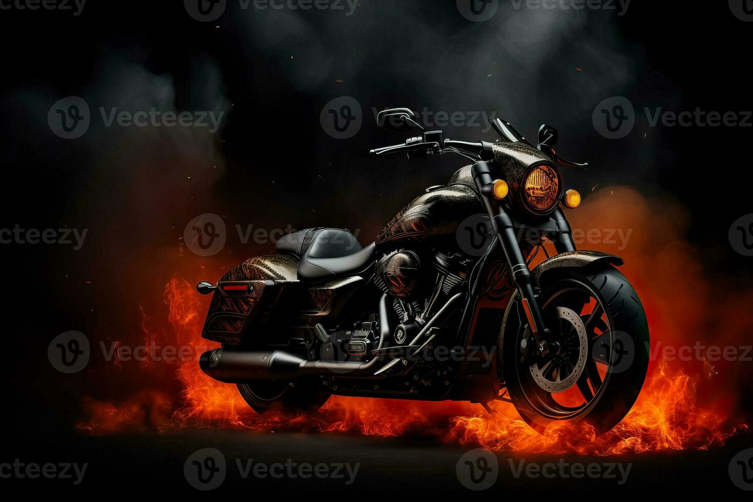 lado ver 3d ilustración de negro motocicleta en oscuro antecedentes emitiendo fumar foto