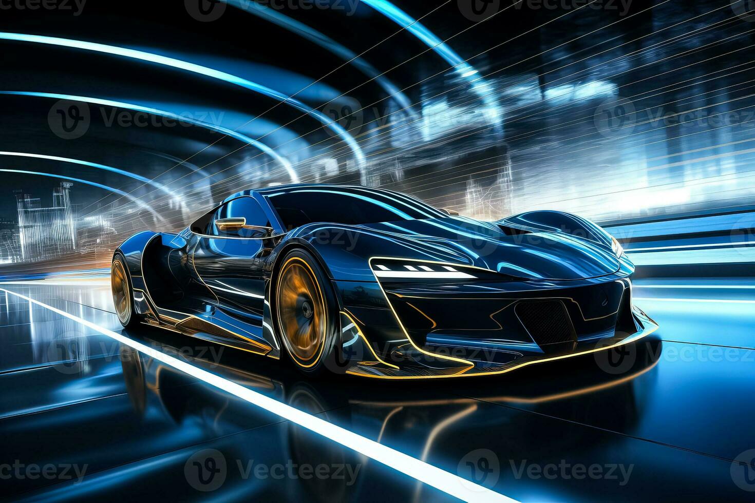 ilustración de un futurista Deportes coche carreras mediante un estructura metálica intersección con alto velocidad foto