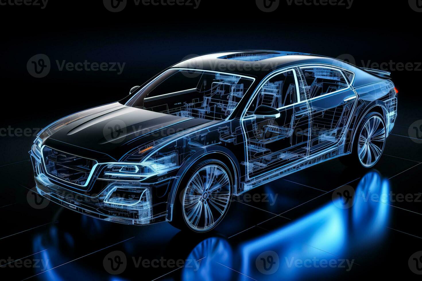 Black background 3D illustration of wireframe modern car with high-tech user interface details photo