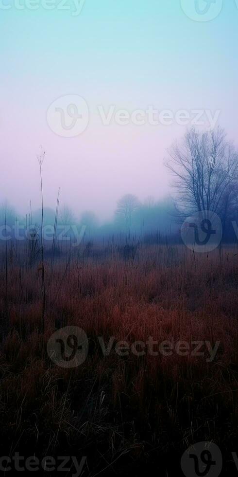 Gloomy Meadow, A dark and foreboding meadow landscape with a thick and colorful fog AI Generated photo