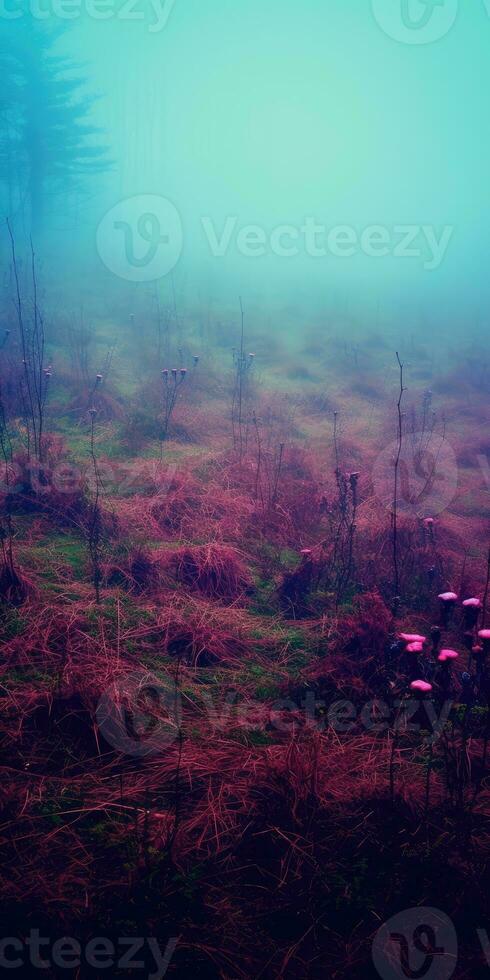 Gloomy Meadow, A dark and foreboding meadow landscape with a thick and colorful fog AI Generated photo