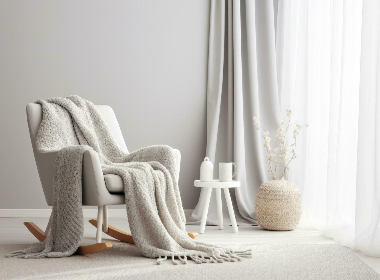 Modern interior with a chair, in the style of light gray and light beige photo