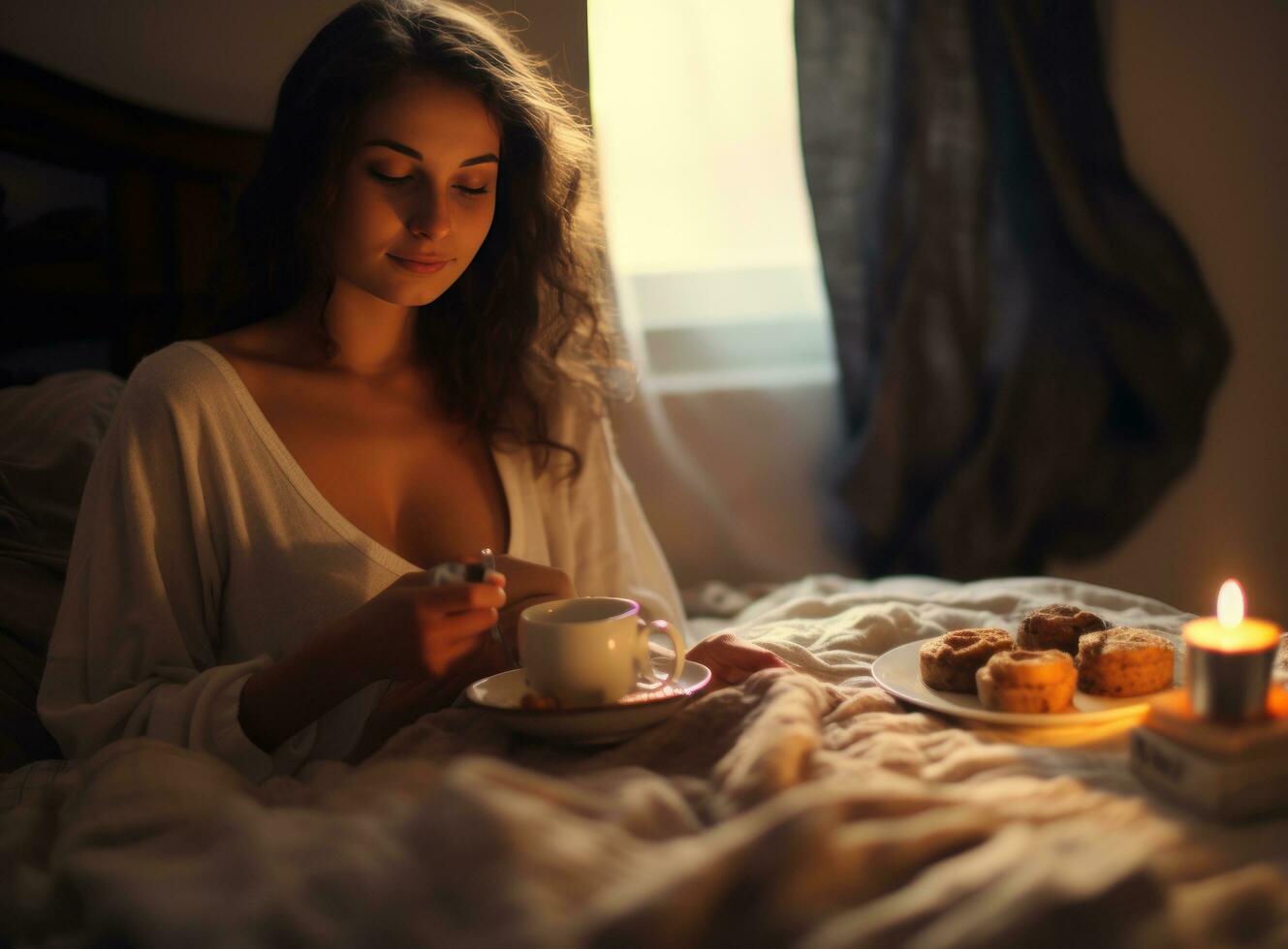 Woman enjoying breakfast coffee photo