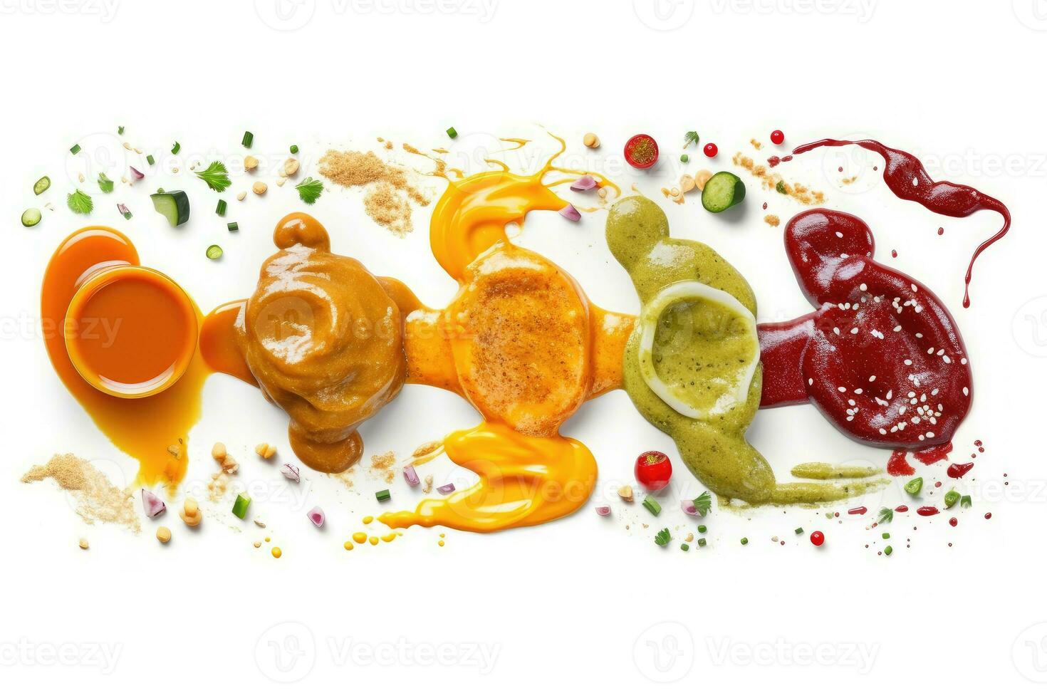 selección de salsas con diferente colores en un blanco, generativo ai foto