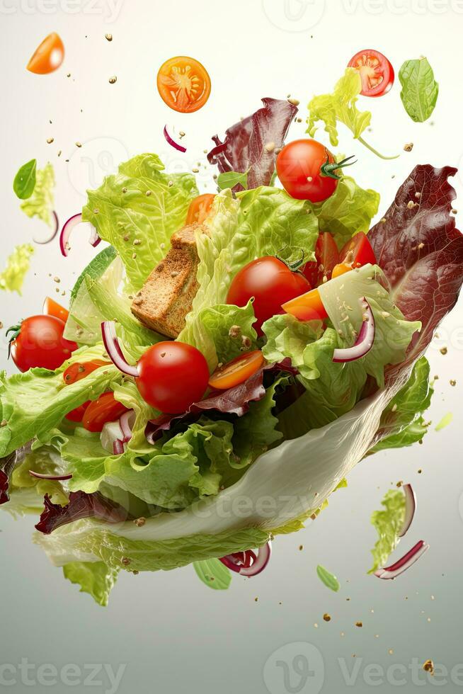 Salad flying ingredients on white background, AI Generated photo